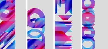 Soyut geometrik şekiller, canlı renkler, modern tasarım. Dört panel katmanlı formları gösterir, dinamik görsel etki yaratır.