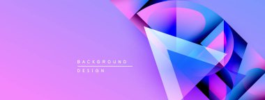 Soyut mor, mavi gradyanlar dinamik şekiller oluşturur. Metin, arkaplan tasarımını katmanlı elementlerin altında okur. Modern, canlı görsel.