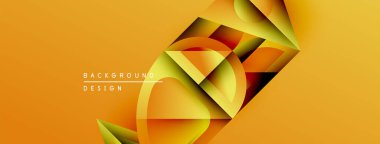 Soyut geometrik şekiller örtüşüyor, dinamik turuncu gradyan arkaplan oluşturuyor. Modern tasarım elementleri yenilik ve enerji öneriyor.