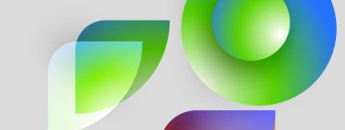 Soyut şekiller örtüşüyor, canlı yeşil, mavi gradyanlar yaratıyor. Modern tasarım teknoloji, yenilik, akıcılık öneriyor. Işık yüzeylerden yansıyor.