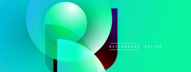 Soyut geometrik şekiller örtüşüyor, canlı renk eğimleri yaratıyor. Turkuaz, yeşil, mor renkler tasarımda baskın. Modern estetik.