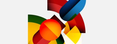 Soyut şekiller örtüşür, canlı renk kombinasyonları yaratır. Geometrik biçimler dinamik bileşim, modern tasarım önerir.