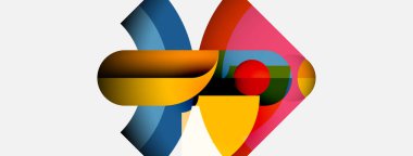 Soyut geometrik şekiller örtüşür, canlı renkli kompozisyon oluşturur. Kıvrımlar, daireler, açılar tasarımda baskın. Modern estetik.