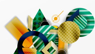 Soyut geometrik şekiller çakışıyor. Yeşiller, sarılar, portakallar kompozisyona hakim. Modern tasarım elementleri dinamik görsel doku oluşturur.