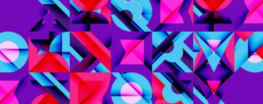 Soyut geometrik şekiller örtüşür, canlı renkli desenler yaratır. Pembe, mavi, mor baskın kompozisyon. Modern dijital sanat.
