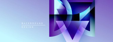 Soyut geometrik şekiller örtüşür, parlak mavi ve mor renkler yaratır. Arkaplanda pürüzsüz renk değişimi var. Tasarım modern estetiği öneriyor..