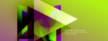 Soyut geometrik şekiller örtüşüyor, canlı renk eğimleri yaratıyor. Sarı, mor, siyah baskın tasarım. Modern estetik.