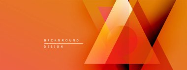 Soyut geometrik tasarım. Turuncu renkler baskın, üçgenler, daireler, katmanlı şekiller. Modern estetik, basit metin elementleri.
