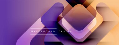 Soyut geometrik şekiller örtüşüyor, dinamik mor, turuncu gradyanlar yaratıyor. Arkaplan ve sunumlar için modern tasarım ögesi.