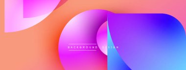 Soyut şekiller örtüşüyor, canlı gradyanlar yaratıyor. Pembe, mor, mavi renkler dizaynda baskın. Metin arka plan tasarımı okur. Modern estetik.