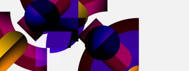 Renkli geometrik şekiller, küreler, gradyanlar içeren soyut kompozisyon. Canlı renklere ve dinamik biçimlere sahip modern dijital sanat.