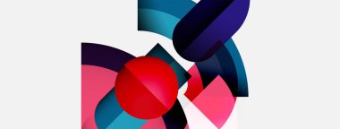 Soyut bileşim, üst üste binen şekiller, canlı renkler, kırmızı küre merkeze hükmediyor. Modern tasarım, temiz estetik.