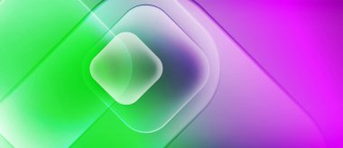 Soyut gradyanlar harmanlanarak katmanlanmış şeffaf kareler oluşturur. Canlı mora canlı yeşil geçişler var. Modern tasarım, pürüzsüz şekiller.