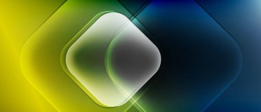 Soyut geometrik bileşim. Parlak sarı maviye dönüşür. Üst üste binen kareler derinlik yaratır, parlayan bir etki yaratır. Modern tasarım.