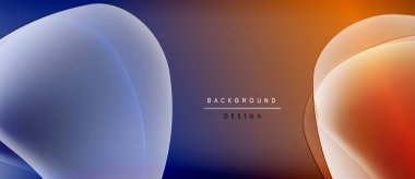 Soyut gradyanlar mavi, mor ve turuncu renkleri harmanlarlar. Pürüzsüz şekiller modern arkaplan tasarımı oluşturur. Minimalist metin mevcut.