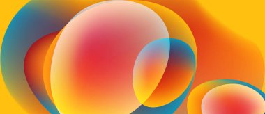 Soyut renkli çemberler çakışıyor, canlı gradyanlar yaratıyor. Sıcak tonlar, havalı blues 'un ipuçlarıyla baskın gelir. Düz geçişler şekilleri tanımlar.