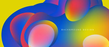 Soyut renkli şekiller örtüşür, canlı sıvı tasarımı yaratır. Sarı arka plan görsel etkiyi arttırır. Modern estetik.