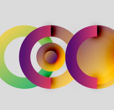 Soyut renkli daireler çakışıyor, dinamik görsel efekt yaratıyor. Gradyan renkler harmanlanarak modern tasarım ögesini oluşturur.