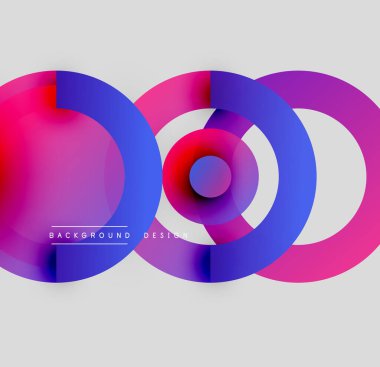 Soyut daireler örtüşüyor, canlı renk eğimleri yaratıyor. Modern tasarım pembeler, maviler, morlar, kırmızı renkler içerir. Metin arkaplan tasarımı okur.