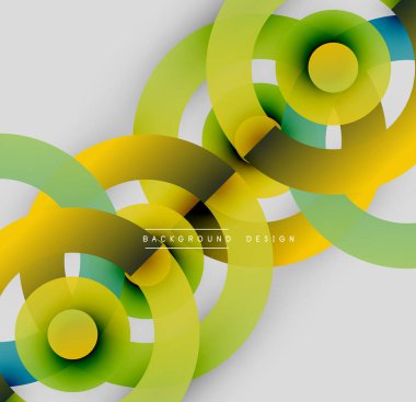 Soyut çemberler çakışıyor, canlı gradyanlar yaratıyor. Sarılar, yeşiller, maviler gri zeminde harmanlanır. Modern tasarım ögesi.