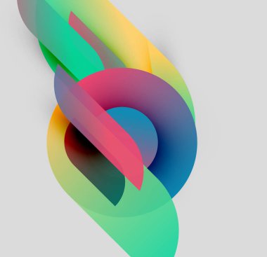 Soyut renkli şekiller örtüşür, dinamik görsel akış yaratır. Gradyanlar renkleri karıştırır, yumuşak geçişler oluştururlar. Modern tasarım.