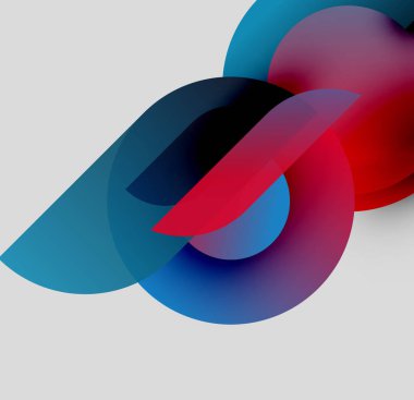 Soyut kompozisyon. Üst üste binen renkli şekiller dinamik görsel akış yaratır. Gradyanlar derinlik, biçim ve hareket öneriyor. Modern tasarım.