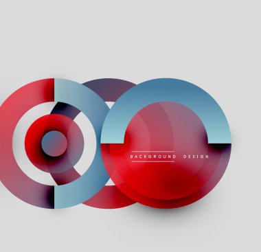 Soyut daireler örtüşüyor, canlı kırmızı ve mavi katmanlar oluşturuyor. Arka planlar ve sunumlar için modern tasarım öğesi. Minimalist estetik.