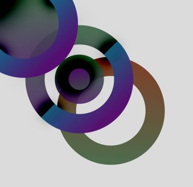 Soyut daireler örtüşüyor, canlı renk eğimleri yaratıyor. Kompozisyon modern, dinamik, minimalist hissettiriyor. Yumuşak gri arkaplan görsel etkiyi arttırır.