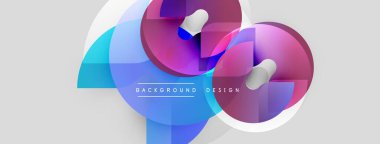 Soyut şekiller örtüşüyor, canlı renk değişimleri yaratıyor. Modern tasarım öğeleri akıcılık, dinamizm ve yenilik önerir. Arkaplanda açık gri tonlar var.