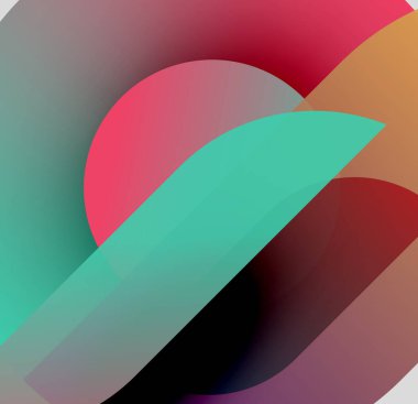 Soyut şekiller örtüşüyor, canlı renk değişimleri yaratıyor. Yumuşak geçişler biçimleri tanımlar, derinliği ve hareketi gösterir. Minimalist tasarım.