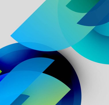 Üstüste binen şeffaf şekilleri içeren soyut bileşim. Maviler, yeşiller dinamik görsel efekt yaratır. Minimalist tasarım, pürüzsüz gradyanlar.