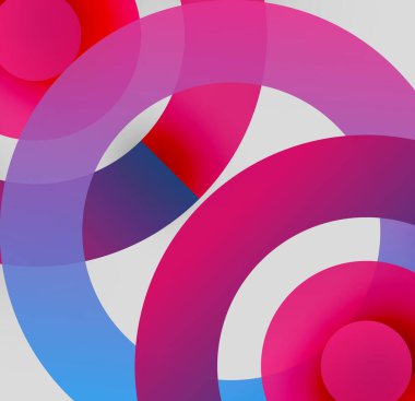 Soyut kompozisyon. Üst üste binen daireler dinamik ve renkli desenler oluşturur. Gözlük aralığı kırmızı, pembe, mor, mavi, beyaz. Modern tasarım.