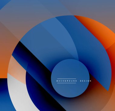 Soyut tasarım üst üste binen dairesel katmanlar içerir. Renkler arasında mavi, turuncu, beyaz, siyah gradyanlar yer alıyor. Modern estetik, basit kompozisyon.