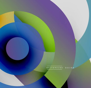 Soyut çemberler çakışıyor, canlı gradyanlar yaratıyor. Mavi, yeşil, mor baskın kompozisyon. Modern tasarım ögesi.