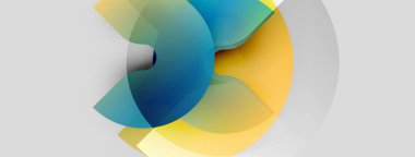 Soyut şekiller örtüşür, dinamik bileşim yaratır. Mavi, sarı renkler tarafsız arkaplana hakim. Modern tasarım elemanları.