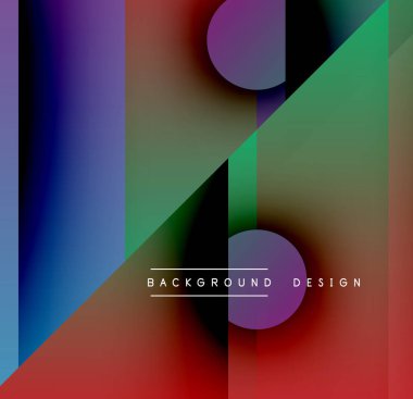 Soyut geometrik bileşim. Canlı renkler harmanlanarak, dinamik görsel efekt yaratır. Daireler, dikdörtgenler kesişiyor. Modern tasarım ögesi.