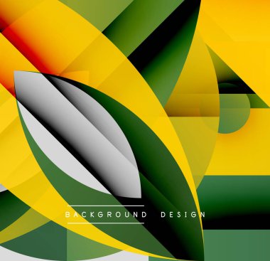 Soyut geometrik şekiller örtüşüyor, canlı renk eğimleri yaratıyor. Sarılar, yeşiller, kırmızılar modern tasarıma karışıyor. Yumuşak geçişler kompozisyona hakim..