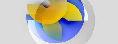 Soyut kompozisyon. Üstüste binen yarı saydam şekiller dinamik görsel efekt yaratır. Renkler karışıyor, yumuşak eğimler oluşturuyor. Modern tasarım.