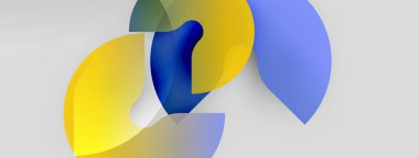 Soyut şekiller örtüşür, canlı renk karışımları yaratır. Sarı, maviler kompozisyona hakim. Yumuşak eğimler hareket, derinlik önerir.