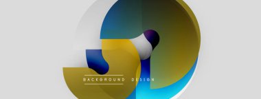 Soyut tasarım özellikleri üst üste binen daireler, gradyanlar. Mavi, altın, beyaz renkler dinamik görsel efekt yaratır. Modern arkaplan ögesi.