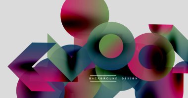 Soyut geometrik şekiller örtüşüyor, canlı renk eğimleri yaratıyor. Modern tasarım elementleri dinamik bileşimi önerir.
