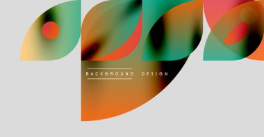 Soyut renkli şekiller çakışıyor. Modern tasarım, gradyanlar, eğriler, metin elementleri içerir. Minimalist estetik, canlı renkler sunar.