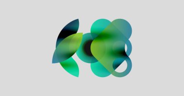 Soyut şekiller örtüşüyor, canlı, yeşil renkler yaratıyor. Yumuşak eğimler akıcılık ve derinliği gösteriyor. Açık gri arkaplanda minimalist tasarım.