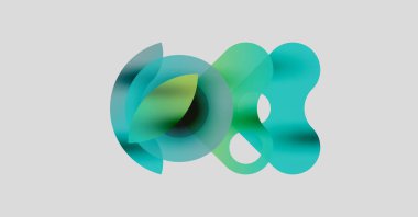 Soyut şekiller üst üste binerek sıvı formları oluşturur. Teal, yeşil renkler tarafsız arkaplanda baskın. Yumuşak eğimler hareket, derinlik önerir.