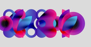 Üstüste binen şeffaf daireler içeren soyut bir kompozisyon. Renkler canlı mavilerden, morlardan, pembelerden, dinamik görsel efekt yaratan pembelerden.