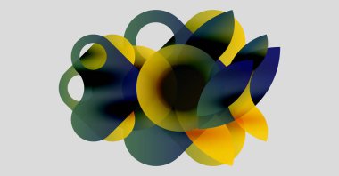 Soyut kompozisyon. Üst üste binen renkli şekiller dinamik görsel efekt yaratır. Yumuşak eğimler, akışkan formlar, modern tasarım.