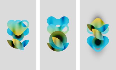 Soyut sanat eserleri. Üç panel bulanık, renkli şekilleri gösteriyor. Mavi, sarı renkler kompozisyona hakim. Yumuşak eğimler sıvı formlar oluşturur.