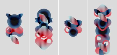 Soyut sanat eserleri. Dört panel üst üste binen renkli şekilleri gösteriyor, gradyanlar kırmızı, mavi, beyaz karışımı. Minimalist tasarım, modern estetik.