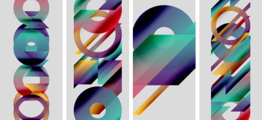 Soyut geometrik desenler. Renkli üst üste binen şekiller dinamik görsel kompozisyon oluşturur. Modern tasarım, canlı renkler, sanatsal ifade.