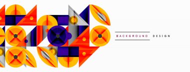 Soyut geometrik şekiller, canlı renkler, modern tasarım. Turuncu, mavi, mor elementler dinamik bileşim oluşturur. Minimalist stil.